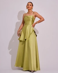 Vestido de Festa Zibeline Tomara que Caia com Recortes e Camadas Verde Lima