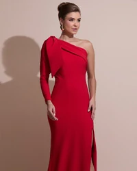 Vestido de Festa com Laço de Um Ombro em Alfaiataria Fenda Vermelho