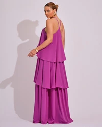 Vestido Longo Babado em Camadas Fúcsia