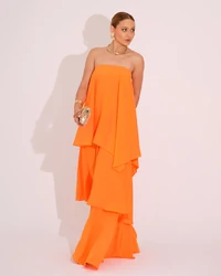 Vestido de Festa Longo Tomara que Caia em Camadas Laranja