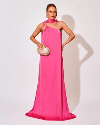 Vestido de Festa Longo em Cetim Fluido um Ombro Só Rosa