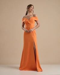 Vestido de Festa Longo Alfaiataria Ombro a Ombro com Fenda Laranja