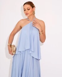 Vestido Longo Crepe Chiffon Babado em Camadas Serenity