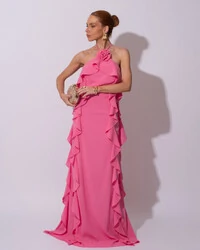 Vestido de Festa Longo Crepe Chiffon Frente Única Babados Cascata e Flor Rosa