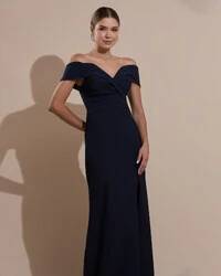 Vestido de Festa Longo Alfaiataria Ombro a Ombro com Fenda Azul Marinho Escuro