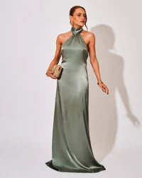 Vestido de Festa Gola Alta com Decote nas Costas Acetinado Verde Oliva