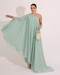 Vestido de Festa um Ombro com Capa Crepe Fluido Verde Menta