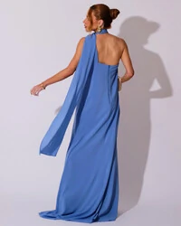 Vestido de Festa Longo Crepe Chiffon Um Ombro Só Drapeado Azul Atlantis