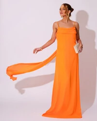 Vestido de Festa Longo Crepe Chiffon Costas Lenço Cauda Laranja