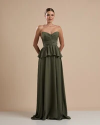 Vestido de Festa Longo Crepe Chiffon Tomara que Caia Peplum Drapeado Verde Oliva