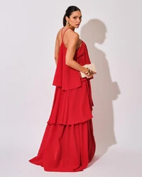 Vestido Longo Babado em Camadas Vermelho
