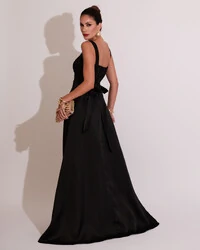 Vestido de Festa Longo Zibeline com Fenda e Faixa Preto