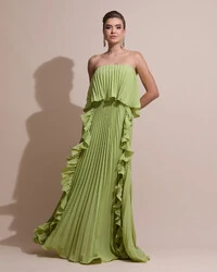 Vestido de Festa Longo Crepe Chiffon Tomara que Caia Plissado com Babado Cascata Verde Garden