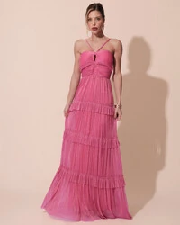 Vestido de Festa Longo Tule com Saia Babado Pink