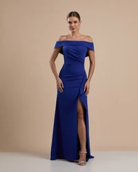 Vestido de Festa Longo Ombro a Ombro com Fenda em Alfaiataria Azul Royal