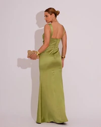 Vestido Longo de Festa Cetim Alfaiataria Drapeado Sereia Verde Lima