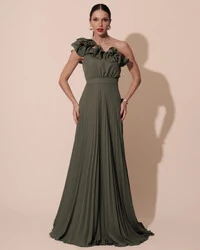 Vestido de Festa um Ombro Só Flor Saia Plissado Verde Oliva