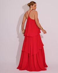 Vestido Longo Babado em Camadas Vermelho