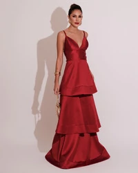 Vestido de Festa Longo Zibeline em Camadas Decote em V com Alças Marsala