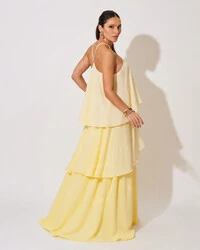 Vestido Longo Crepe Chiffon Babado em Camadas Amarelo Manteiga