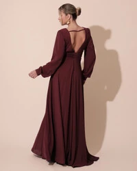 Vestido de Festa Manga Longa com Cintura Drapeada Decote V Marsala