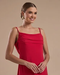 Vestido de Festa Longo Crepe Chiffon Costas Lenço Cauda Vermelho