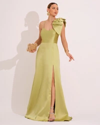 Vestido de Festa Longo em Zibeline com Laço Removível Verde Lima