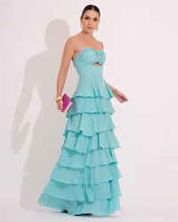 Vestido Longo Crepe Chiffon Tomara que Caia Plissado em Camadas Tiffany