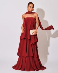 Vestido de Festa Longo Chiffon Crepe em Camadas com Lenço Marsala