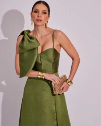 Vestido de Festa Longo em Zibeline com Laço Removível Verde Oliva