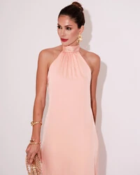 Vestido de Festa Gola Alta com Decote nas Costas Acetinado Rose Gold