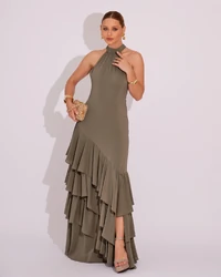 Vestido de Festa Longo Decote Halter com Babados Verde Oliva