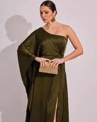 Vestido Longo de Cetim Fluido uma Manga e Detalhe Torcido Verde Oliva