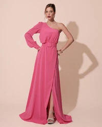 Vestido de Festa Longo um Ombro Só Manga Longa com Cinto Pink New