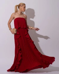 Vestido de Festa Longo Crepe Chiffon Tomara que Caia Plissado com Babado Cascata Marsala