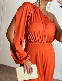 Vestido Longo Ombro Único de Manga Longa Malha Terracota
