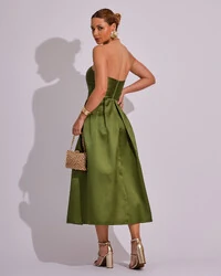 Vestido Midi Tomara que Caia Zibeline Com Pregas Verde Oliva