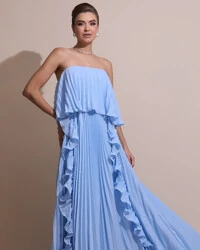 Vestido de Festa Longo Crepe Chiffon Tomara que Caia Plissado com Babado Cascata Serenity