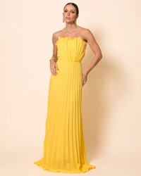 Vestido de Festa Longo Tomara que Caia Plissado Detalhe Amarelo