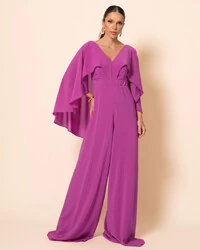 Macacão de Festa Longo Crepe Chiffon com Capa Fúcsia