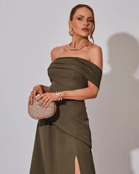 Vestido de Festa Longo Alfaiataria Ombro a Ombro Drapeado com Fenda Verde Oliva