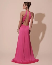 Vestido de Festa Longo Cetim Fluido com Argola Frente Única Pink New