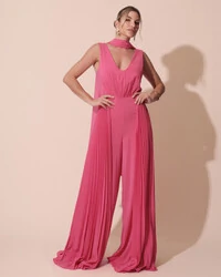 Macacão de Festa Longo Crepe Pantalona Plissado e Lenço Pink New