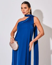 Vestido de Festa Longo Cetim Fluido Um Ombro Só Lenço Fixo Azul Royal