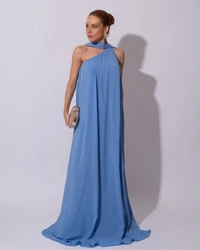 Vestido de Festa Longo Crepe Fluido um Ombro Só com Lenço Azul Atlantis