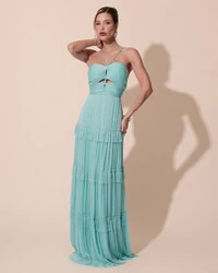 Vestido de Festa Longo Tule com Saia Babado Tiffany