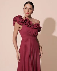 Vestido de Festa um Ombro Só Flor Saia Plissado Cereja