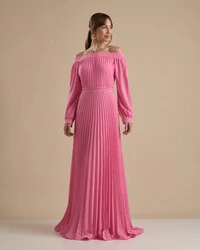 Vestido de Festa Longo Crepe Chiffon Plissado Ombro a Ombro Rosa
