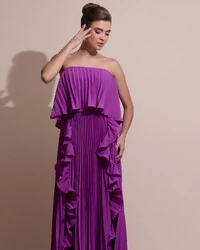 Vestido de Festa Longo Crepe Chiffon Tomara que Caia Plissado com Babado Cascata Fúcsia