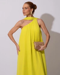 Vestido de Festa Longo Crepe Fluido um Ombro Só com Lenço Verde Lima